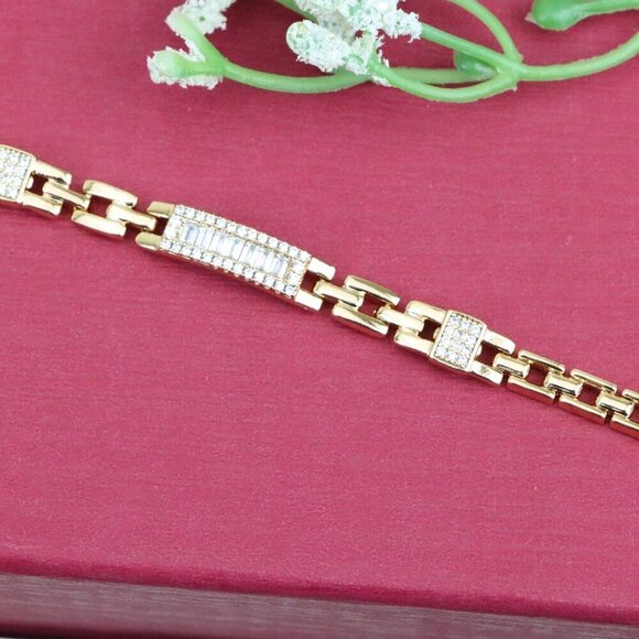 "Elegant Baguette-Cut Stone Rose Gold Bracelet in Chunky Chain, XPBL0906 - Picture 1 of 12